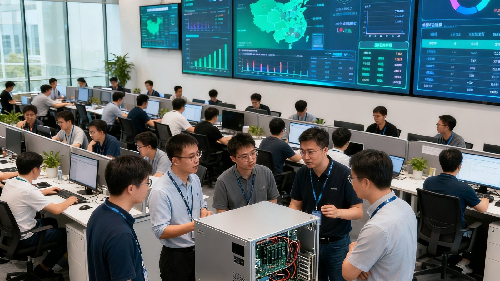 DG视讯深圳研发中心办公场景：开放式办公区中约60名工程师正在协作，墙面上悬挂着多块大屏实时显示全国各校录播设备运行状态监控数据，会议室内产品经理与硬件工程师正围绕新一代录播主机原型机进行方案讨论，整体氛围专注而充满创新活力。
