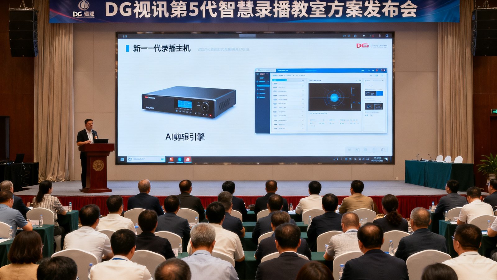 DG视讯第5代智慧录播教室方案发布会现场照片：演讲台上展示着新一代录播主机和AI剪辑引擎的界面演示，台下坐满了来自全国各地的教育局代表和学校校长。