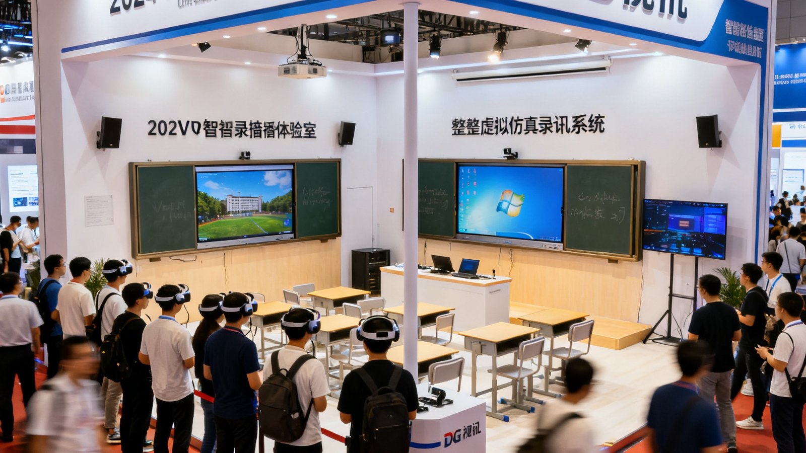 2025年全国教育装备展上DG视讯展位人潮涌动的画面：展位中央搭建了完整的智慧录播教室体验区，参观者正排队体验VR虚拟仿真视讯系统。