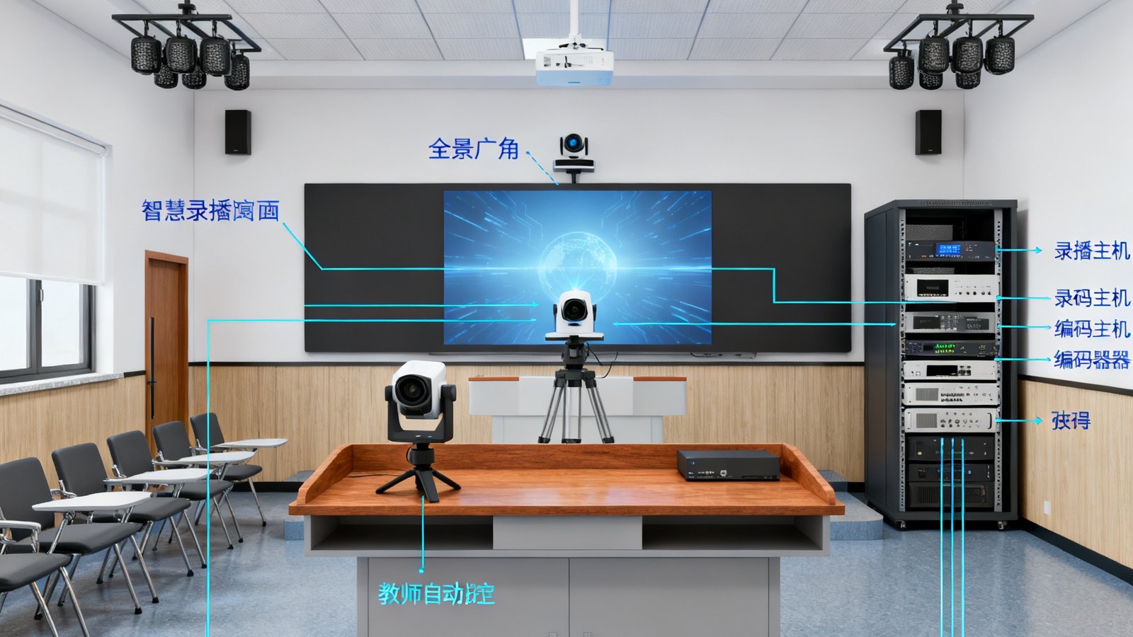 智慧录播教室内部署示意图：讲台区域安装教师自动跟踪摄像机，教室后方安装全景广角摄像机，天花板悬挂2组全向拾音麦克风，墙壁机柜中录播主机与编码器整齐排列，画面标注了各设备的位置与信号流向。