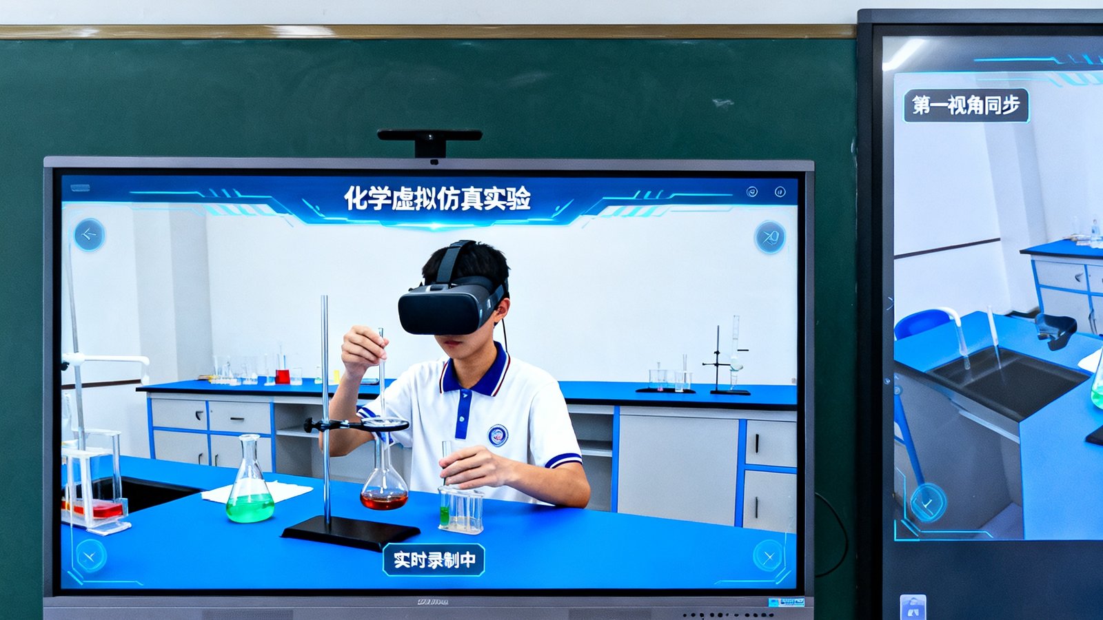 虚拟仿真实验视讯系统界面展示：27寸触控屏上显示着化学虚拟仿真实验操作画面，学生正通过VR头显进行沉浸式实验操作，系统实时录制第一人称视角画面并同步投射到教室大屏上，供其他学生观察学习。