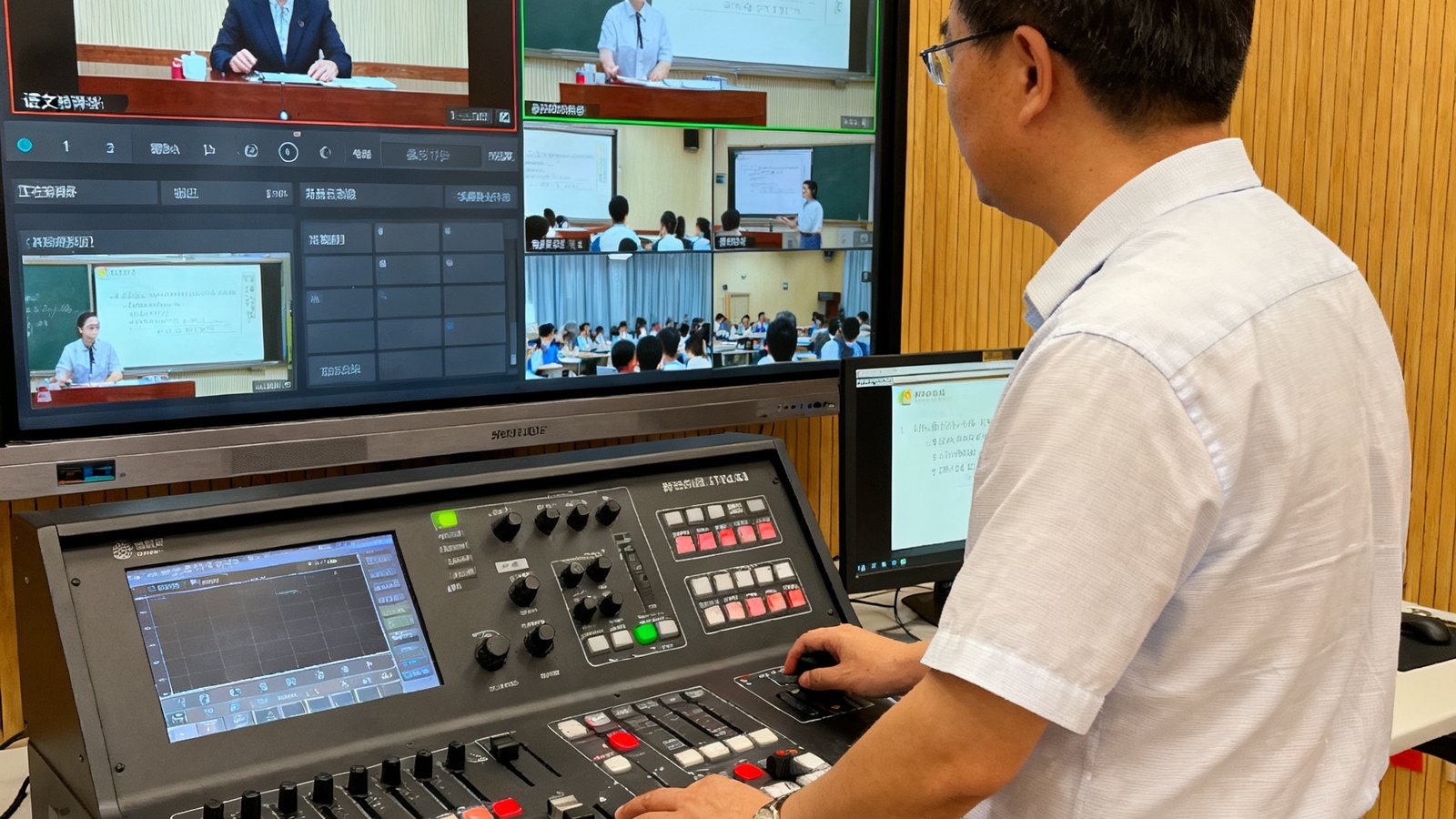 四川省成都市某重点中学信息中心王主任在智慧录播教室控制台前操作设备，身后屏幕显示着正在录制的语文公开课多画面预览界面。
