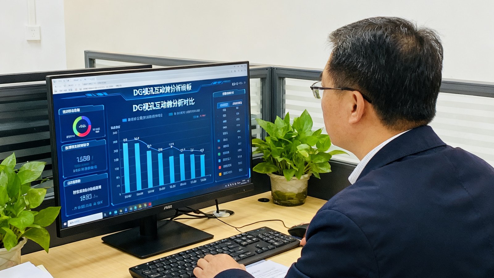 广东省深圳市某区教育局教育信息化科陈科长在办公室中查看DG视讯互动数据分析看板的画面，电脑屏幕上显示着辖区内各校课堂互动指标的对比图表。