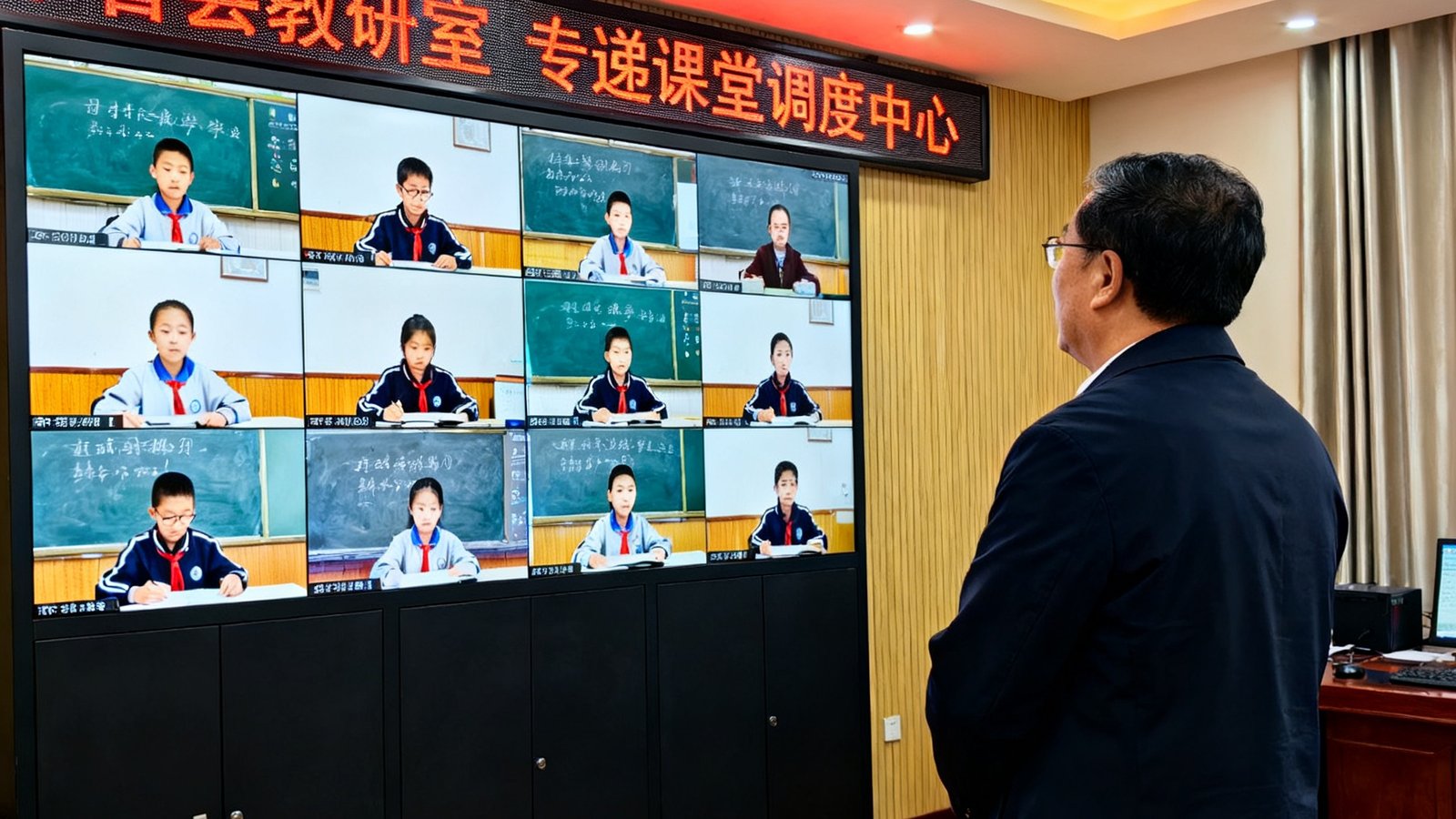 甘肃省陇南市某县教研室张主任在专递课堂调度中心大屏前查看全县各教学点实时上课画面，大屏上显示着12个教学点同步直播的监控画面。